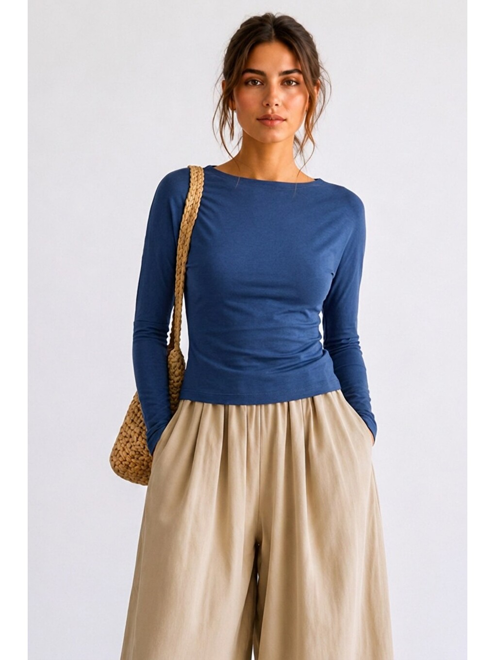 Kadın Crop Bodycone Uzun Kollu Mavi Bluz