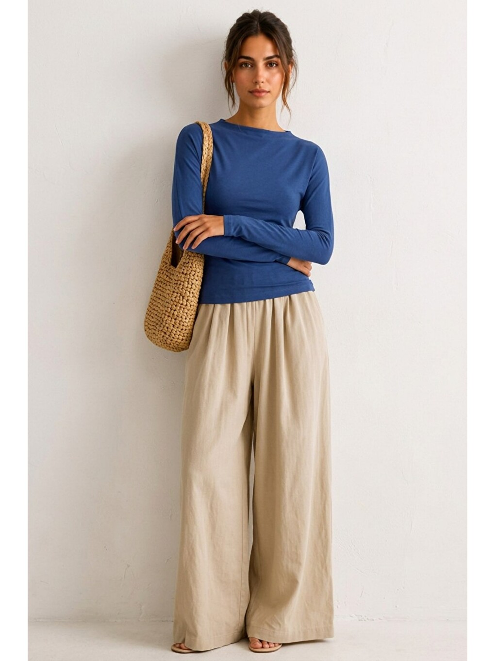 Kadın Crop Bodycone Uzun Kollu Mavi Bluz-1