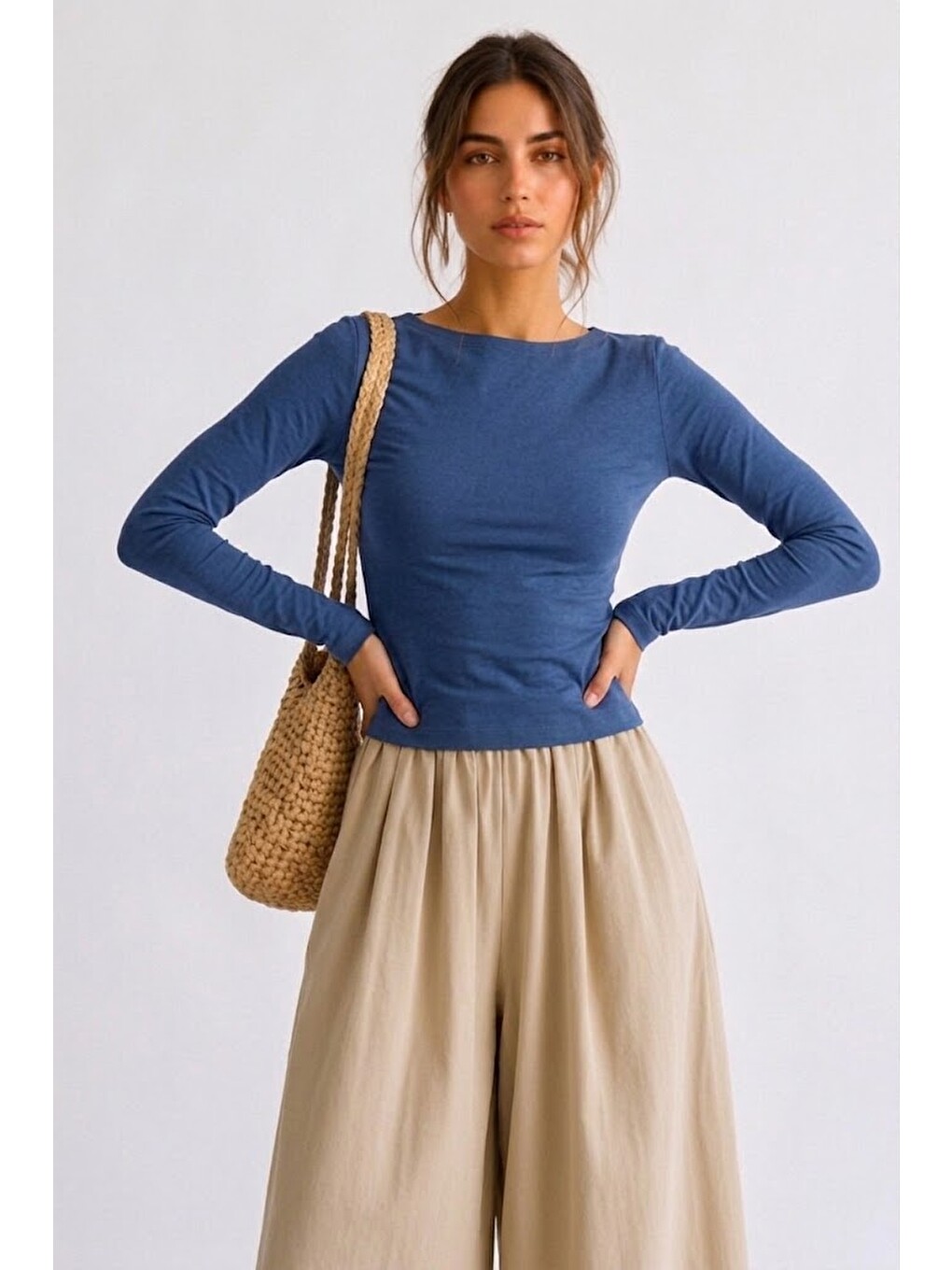 Kadın Crop Bodycone Uzun Kollu Mavi Bluz-2