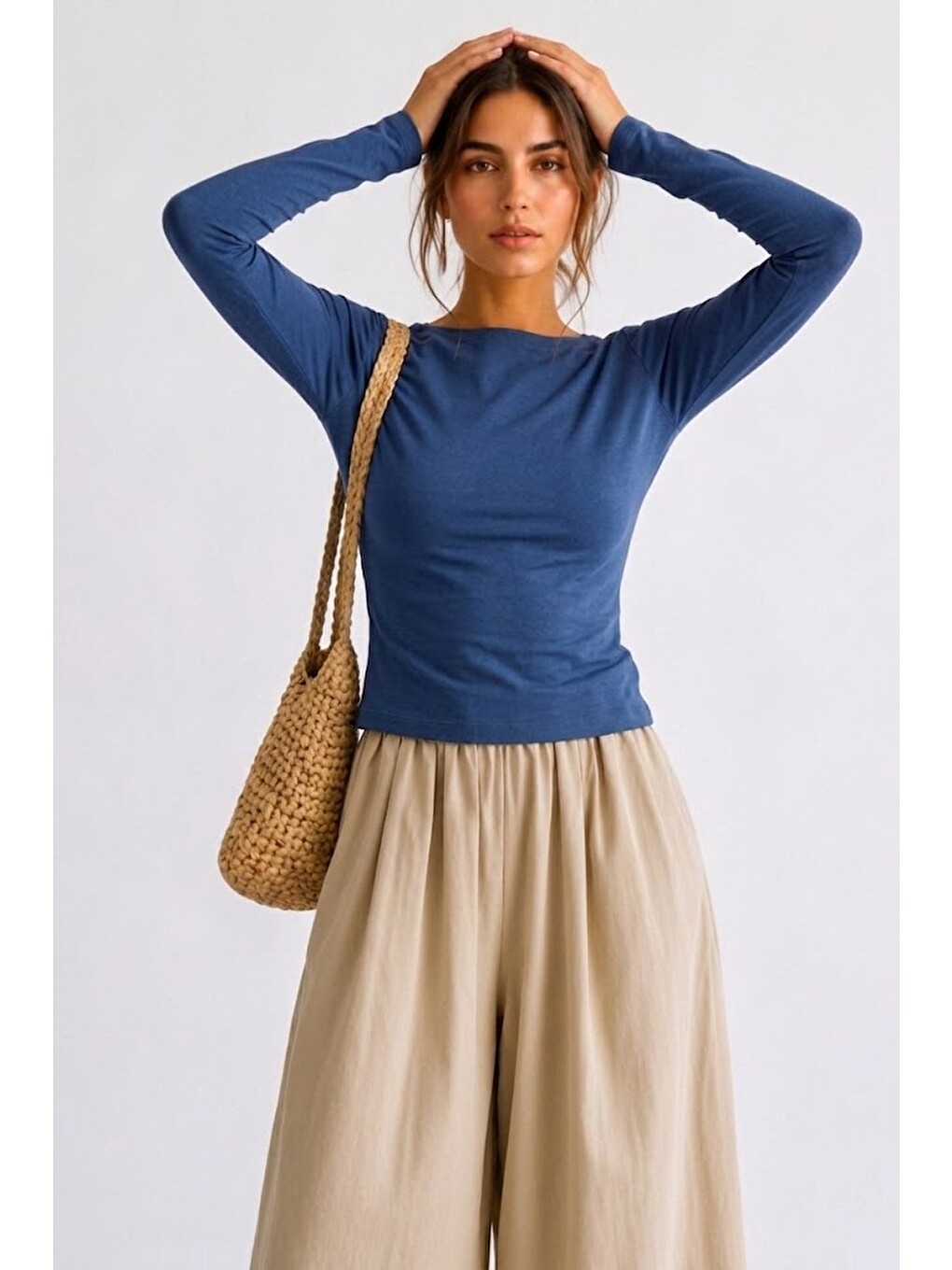 Kadın Crop Bodycone Uzun Kollu Mavi Bluz-3