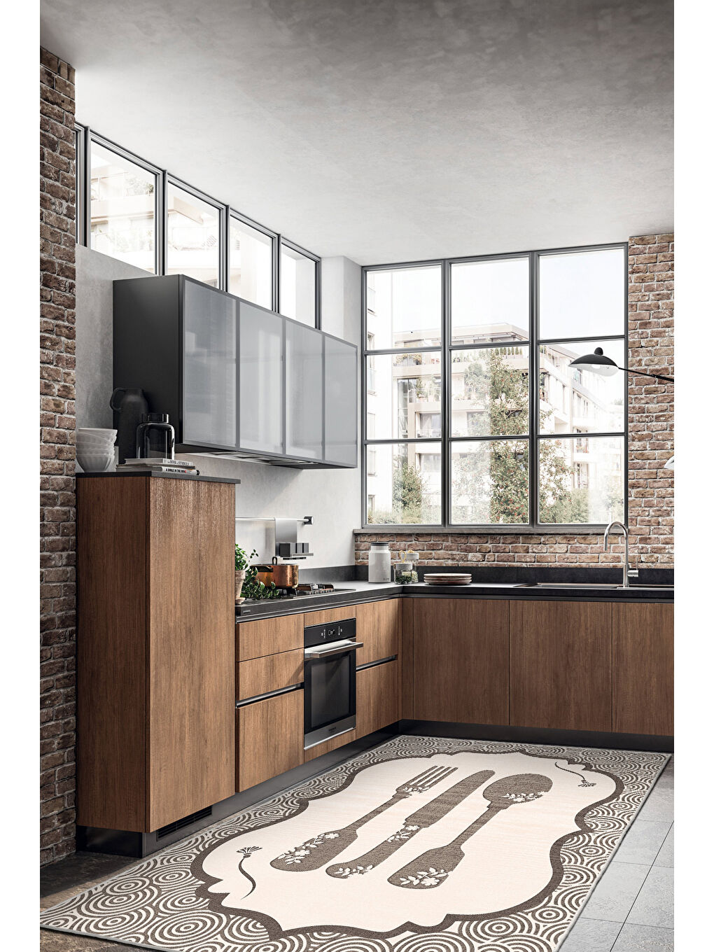 Ekru Dekoratif Özel Tasarım Yıkanabilir İnce Kaymaz Tabanlı Modern Halı KECE FR41-1