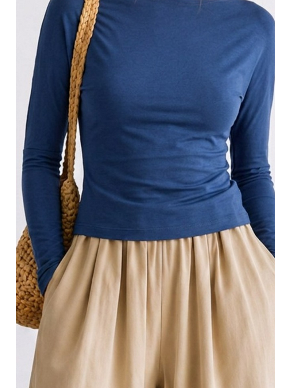 Kadın Crop Bodycone Uzun Kollu Mavi Bluz-4