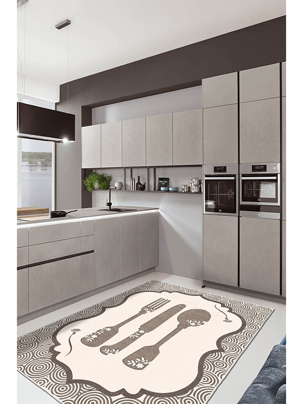 Ekru Dekoratif Özel Tasarım Yıkanabilir İnce Kaymaz Tabanlı Modern Halı KECE FR41-3