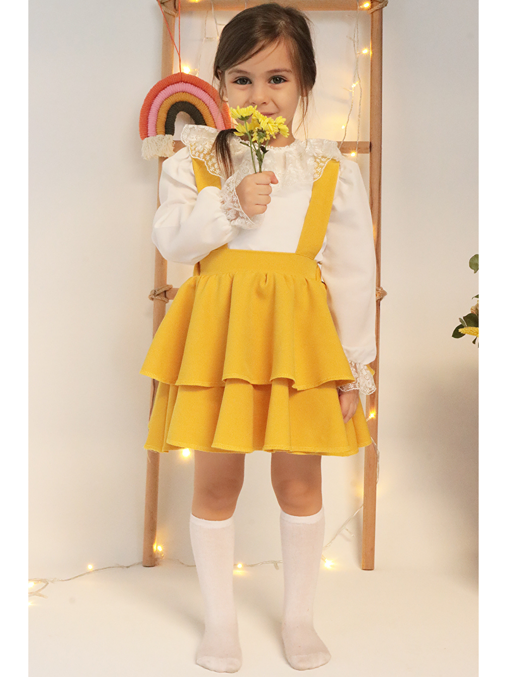 Kız Çocuk Helen Sarı Askılı Bağlama Jile 29 Ekim Elbise Ekru Dantel Uzun Kollu Bluz Abiye Takım-4