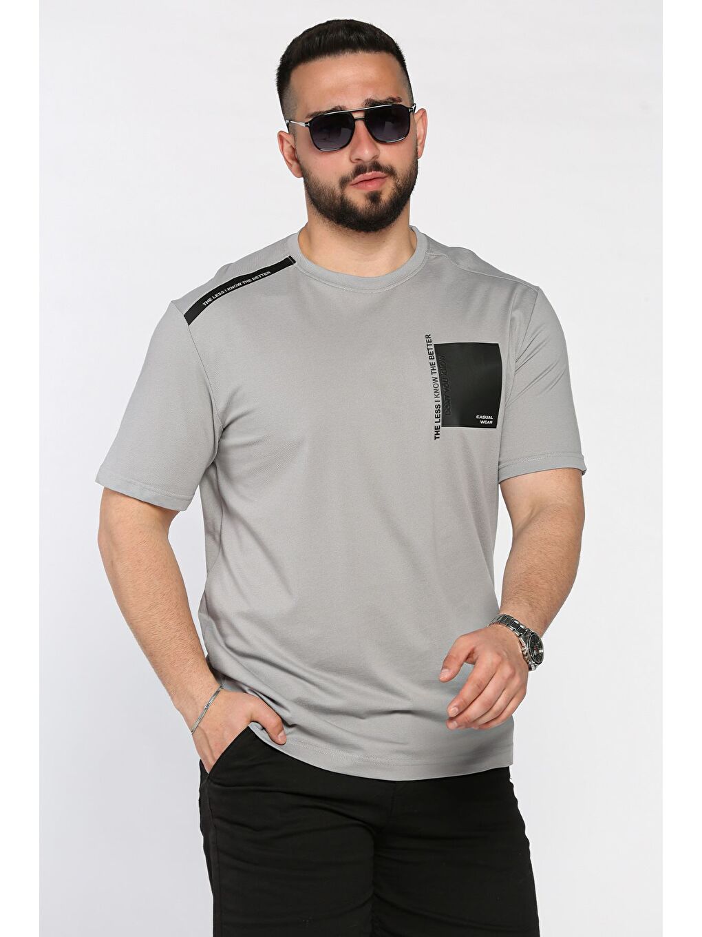 Gri Bisiklet Yaka Baskılı Erkek Tişört