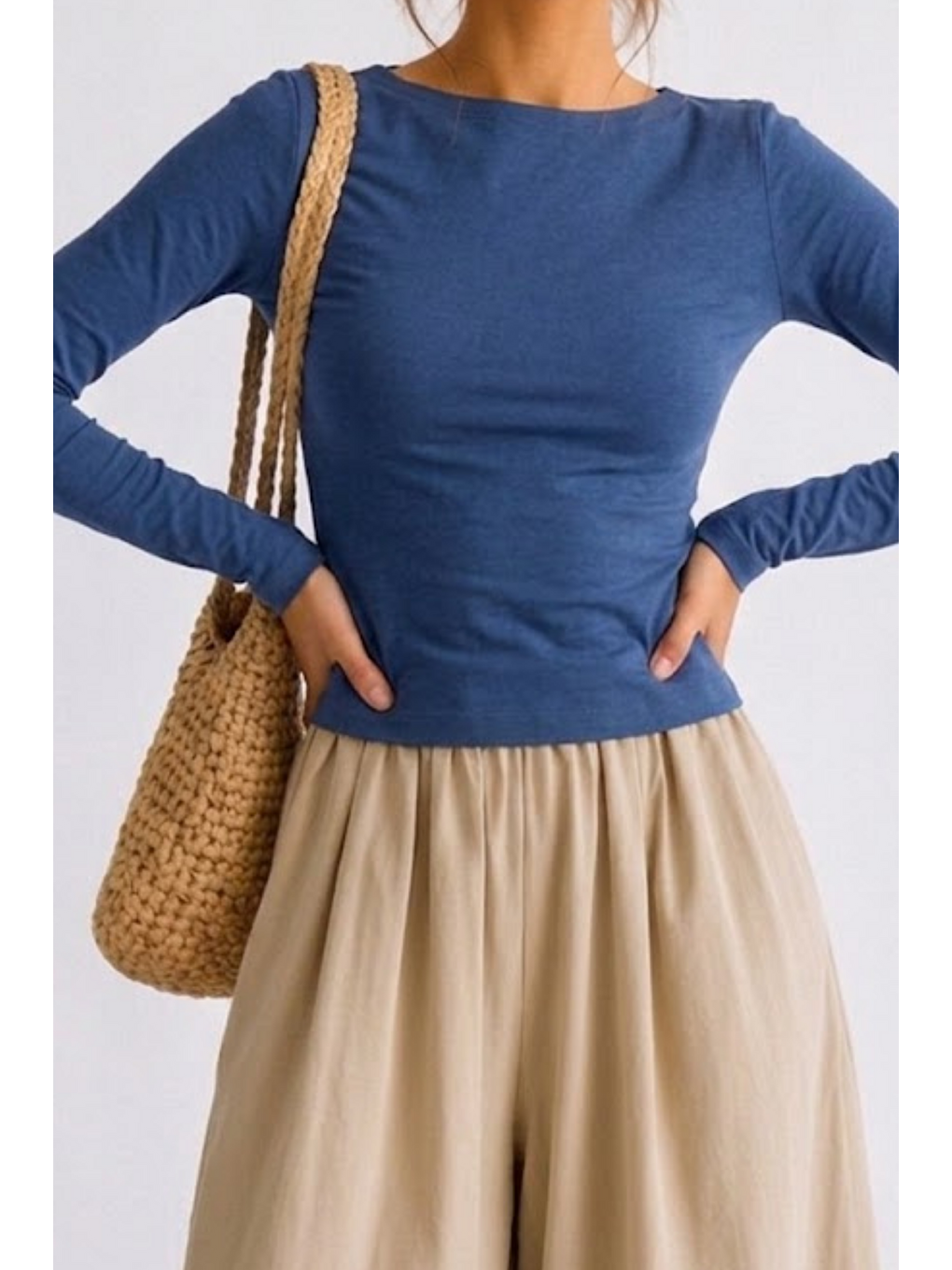 Kadın Crop Bodycone Uzun Kollu Mavi Bluz-5