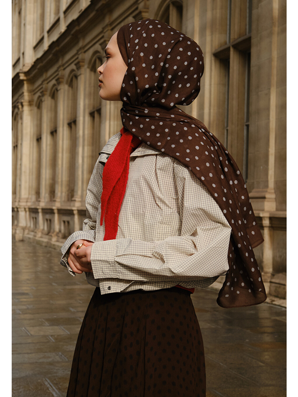 Kahverengi Small Polka Dots Desen Rami Şal Acı Kahve-1