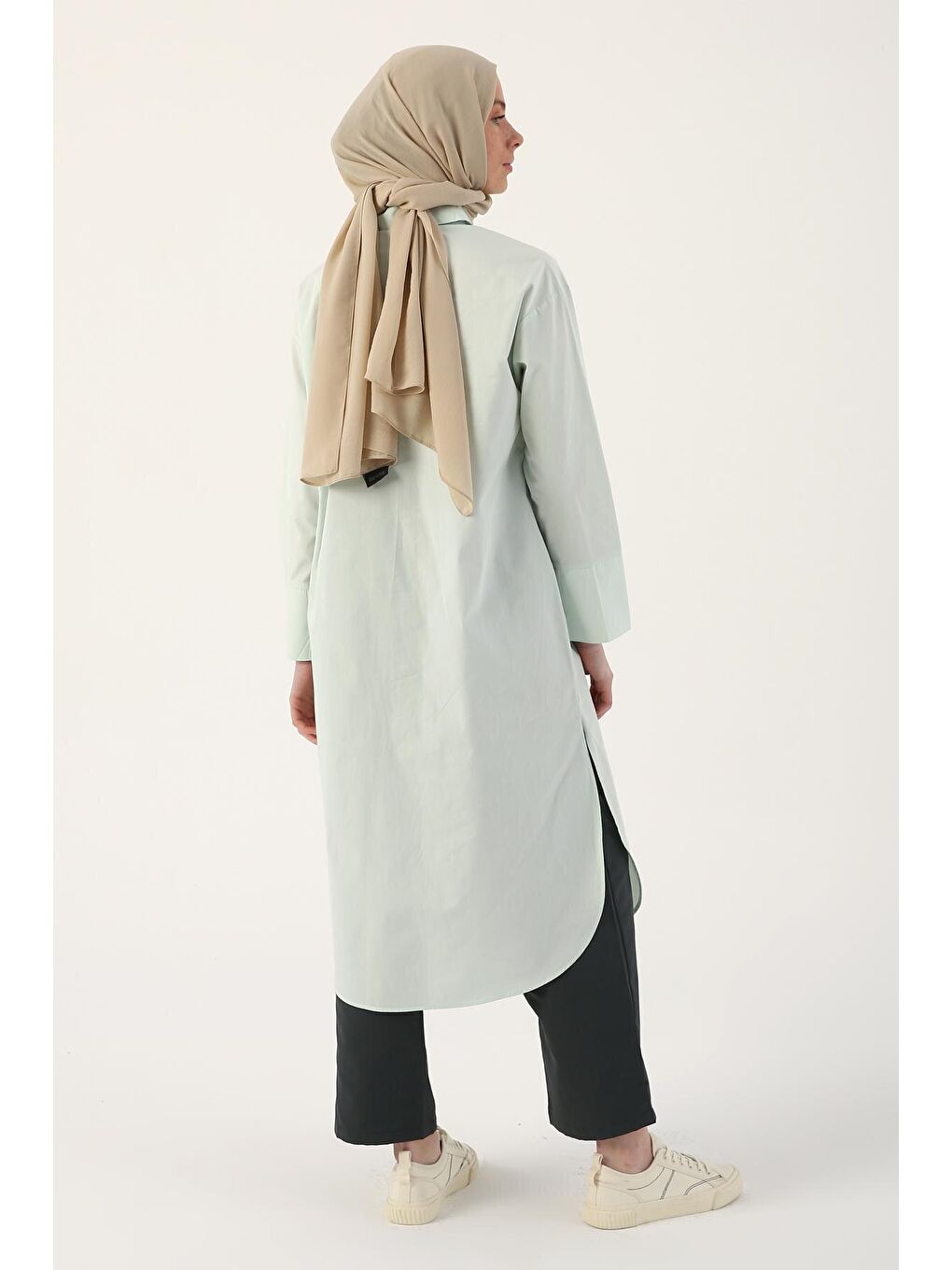 Turkuaz Su Yeşili %100 Pamuk Yırtmaçlı Uzun Gömlek Tunik-2