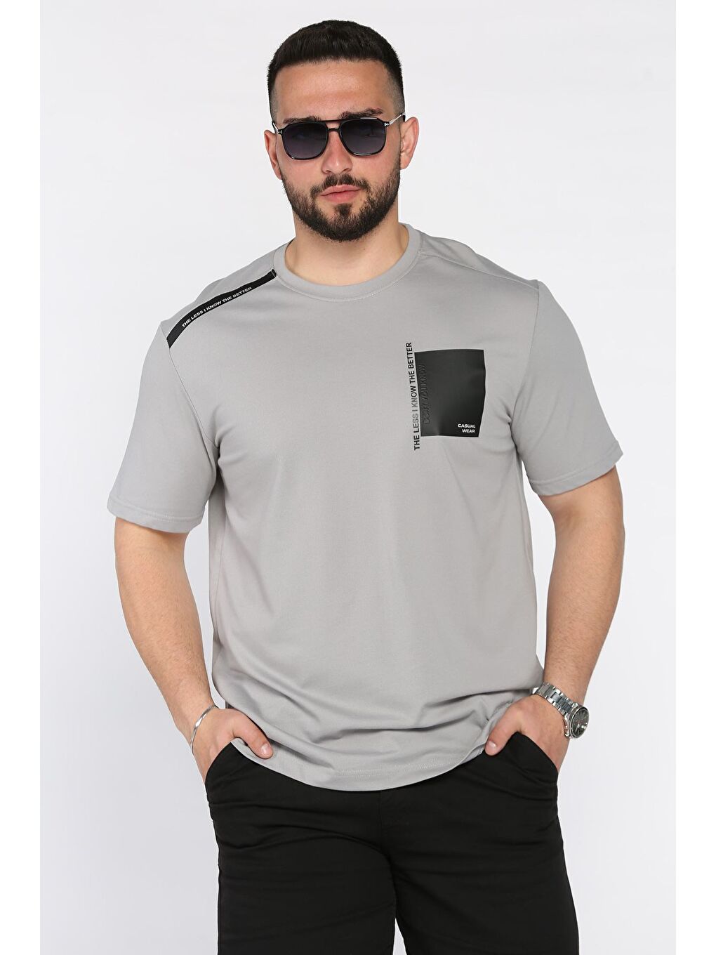 Gri Bisiklet Yaka Baskılı Erkek Tişört-1