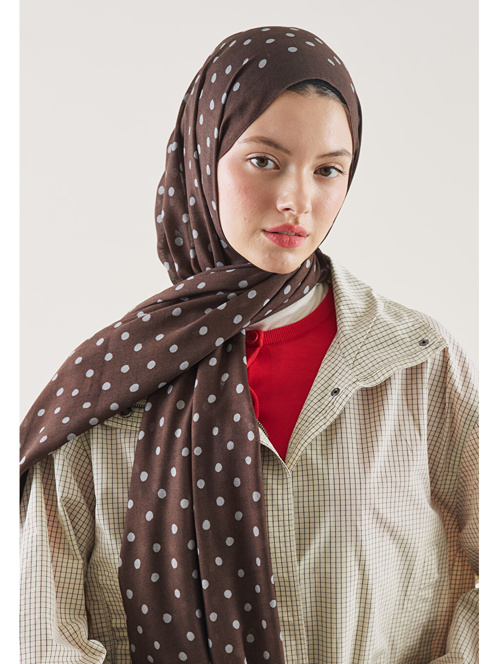 Kahverengi Small Polka Dots Desen Rami Şal Acı Kahve-3