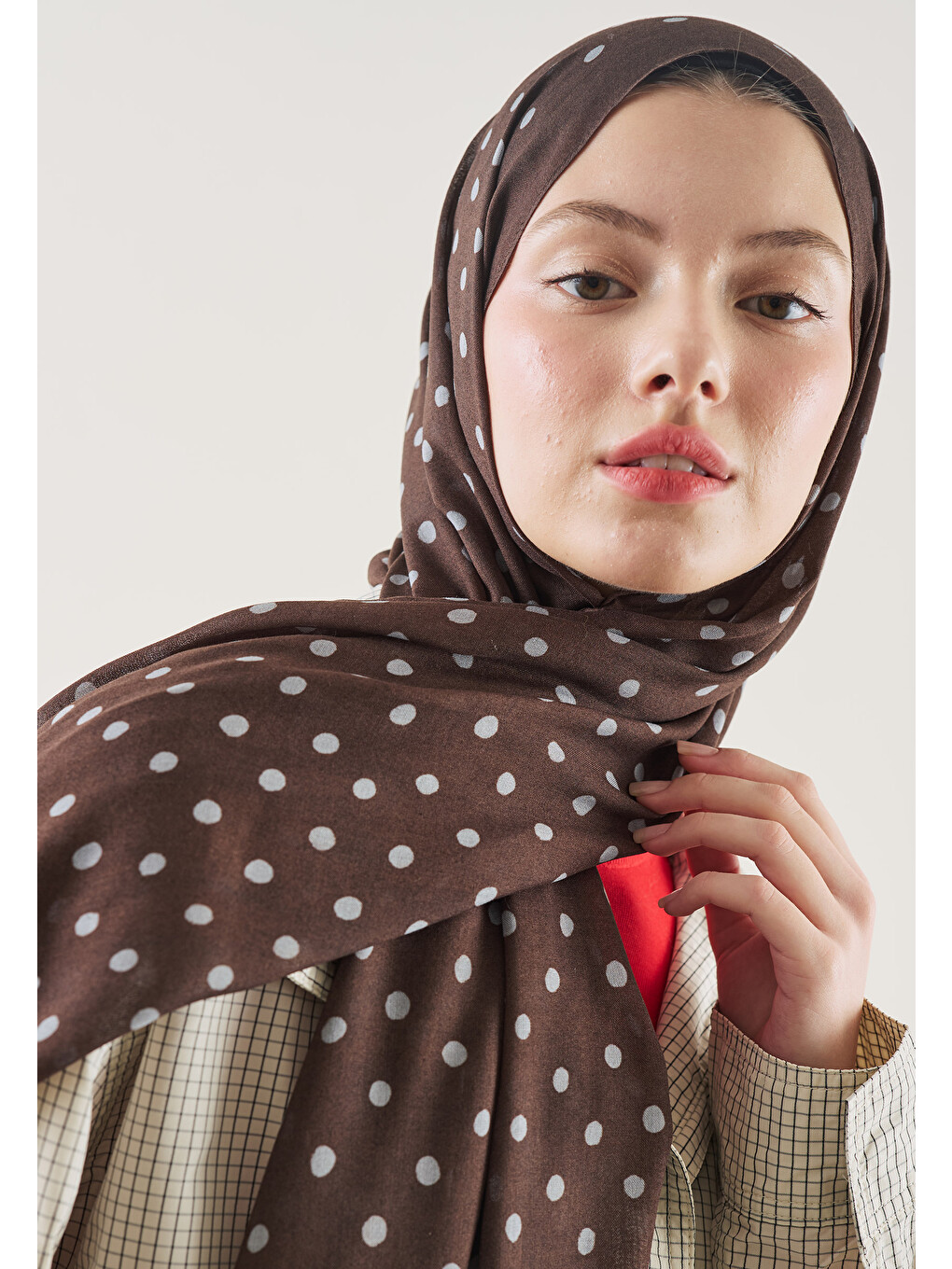 Kahverengi Small Polka Dots Desen Rami Şal Acı Kahve-4