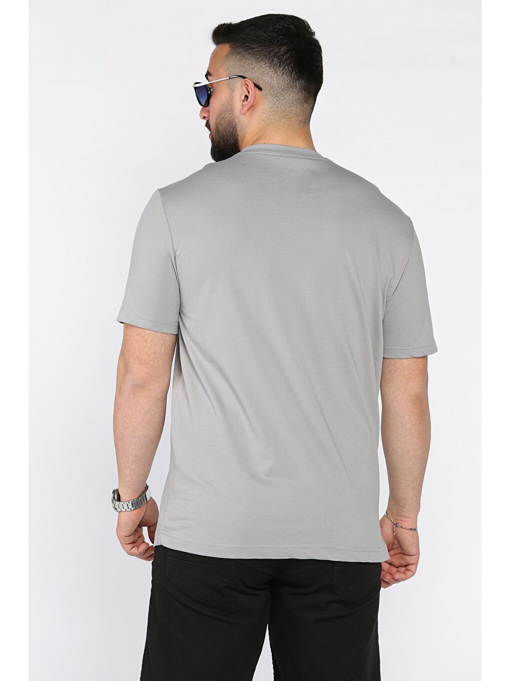 Gri Bisiklet Yaka Baskılı Erkek Tişört-2