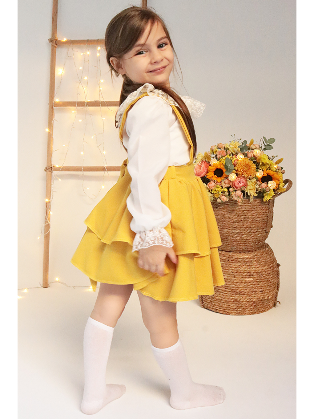 Kız Çocuk Helen Sarı Askılı Bağlama Jile 29 Ekim Elbise Ekru Dantel Uzun Kollu Bluz Abiye Takım-5
