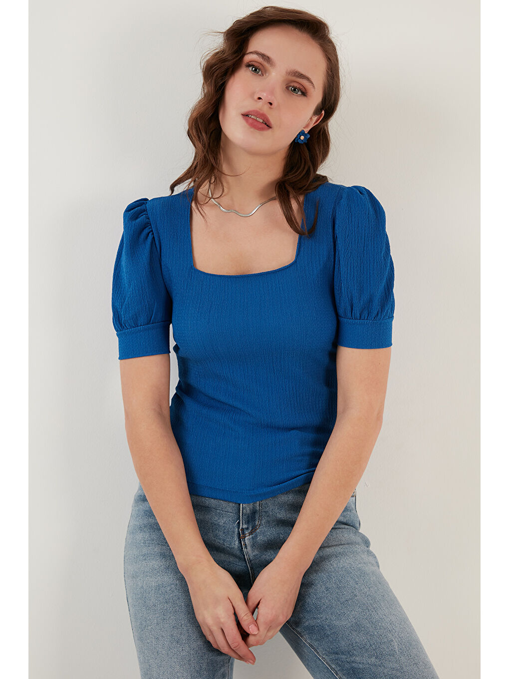 Lela Mavi Kol Detaylı Kare Yaka Bluz 5869002 - 2