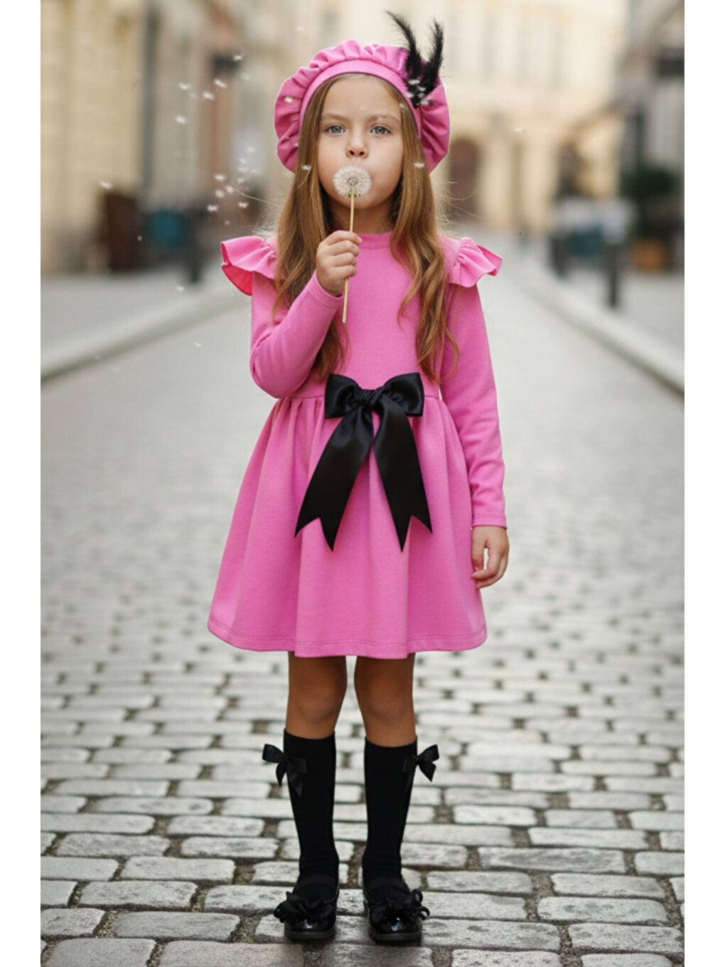 Kız Çocuk Pembe Sofia Pamuklu Fiyonk Detaylı Elbise Kep Abiye Takım