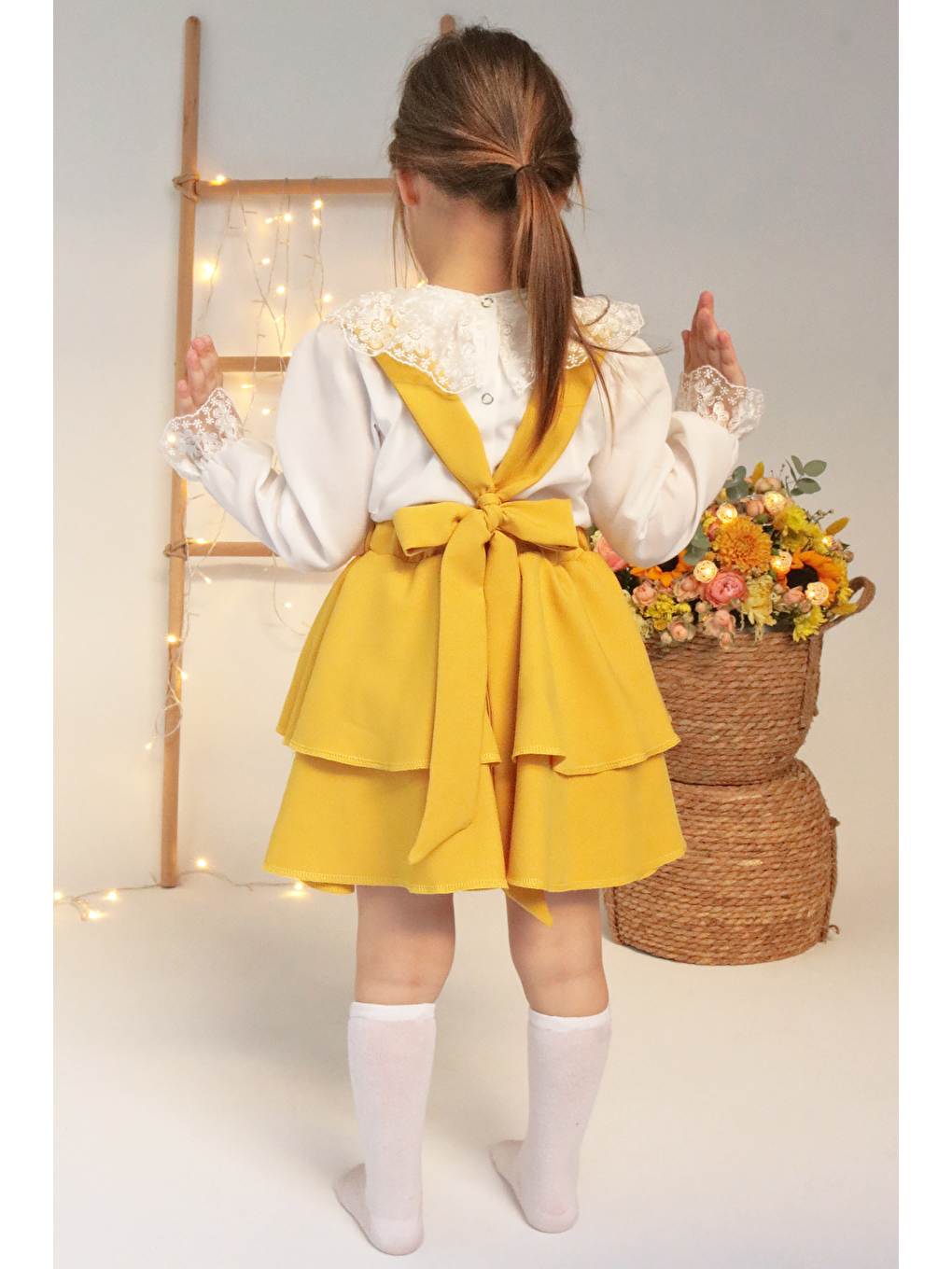 Kız Çocuk Helen Sarı Askılı Bağlama Jile 29 Ekim Elbise Ekru Dantel Uzun Kollu Bluz Abiye Takım-6