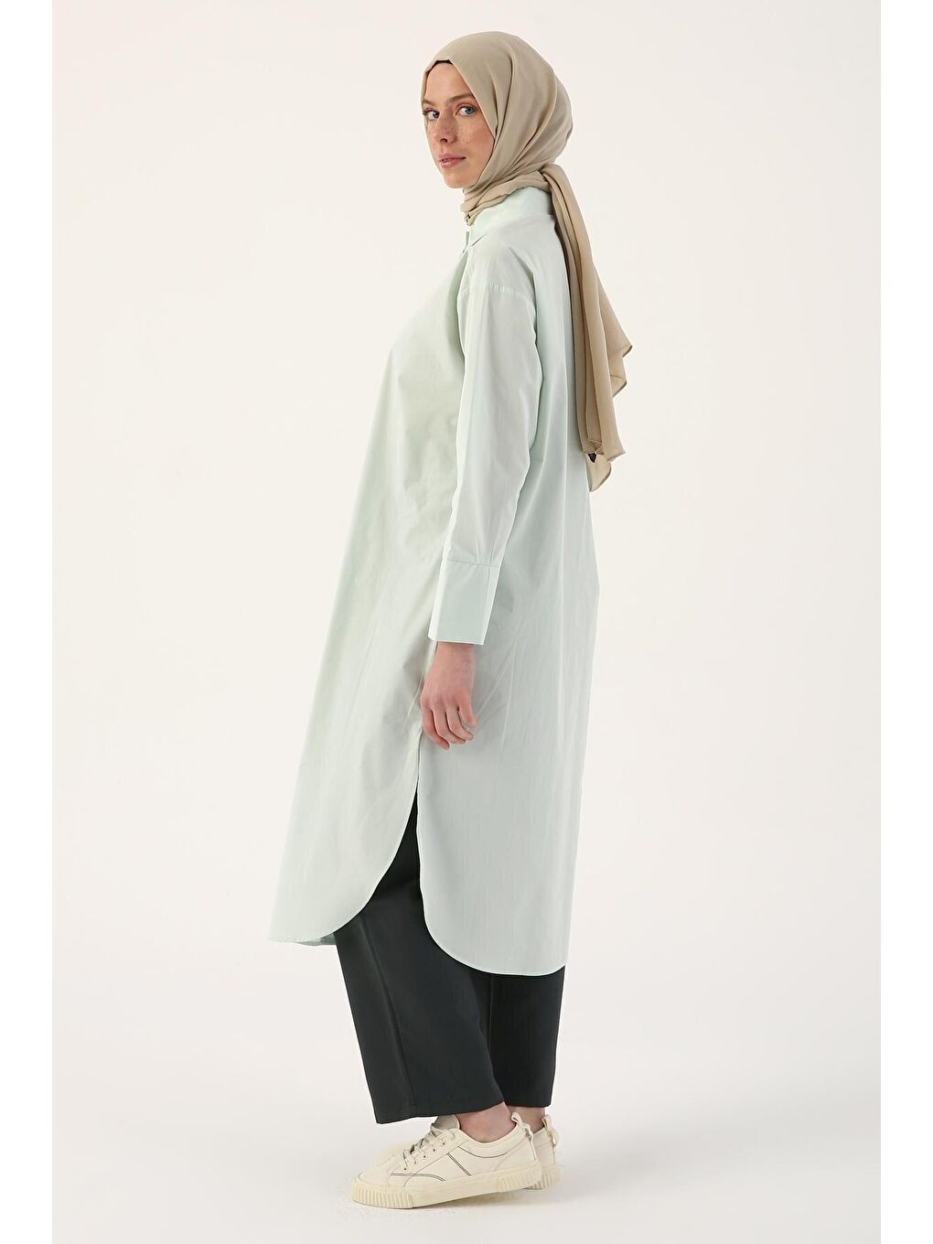 Turkuaz Su Yeşili %100 Pamuk Yırtmaçlı Uzun Gömlek Tunik-3