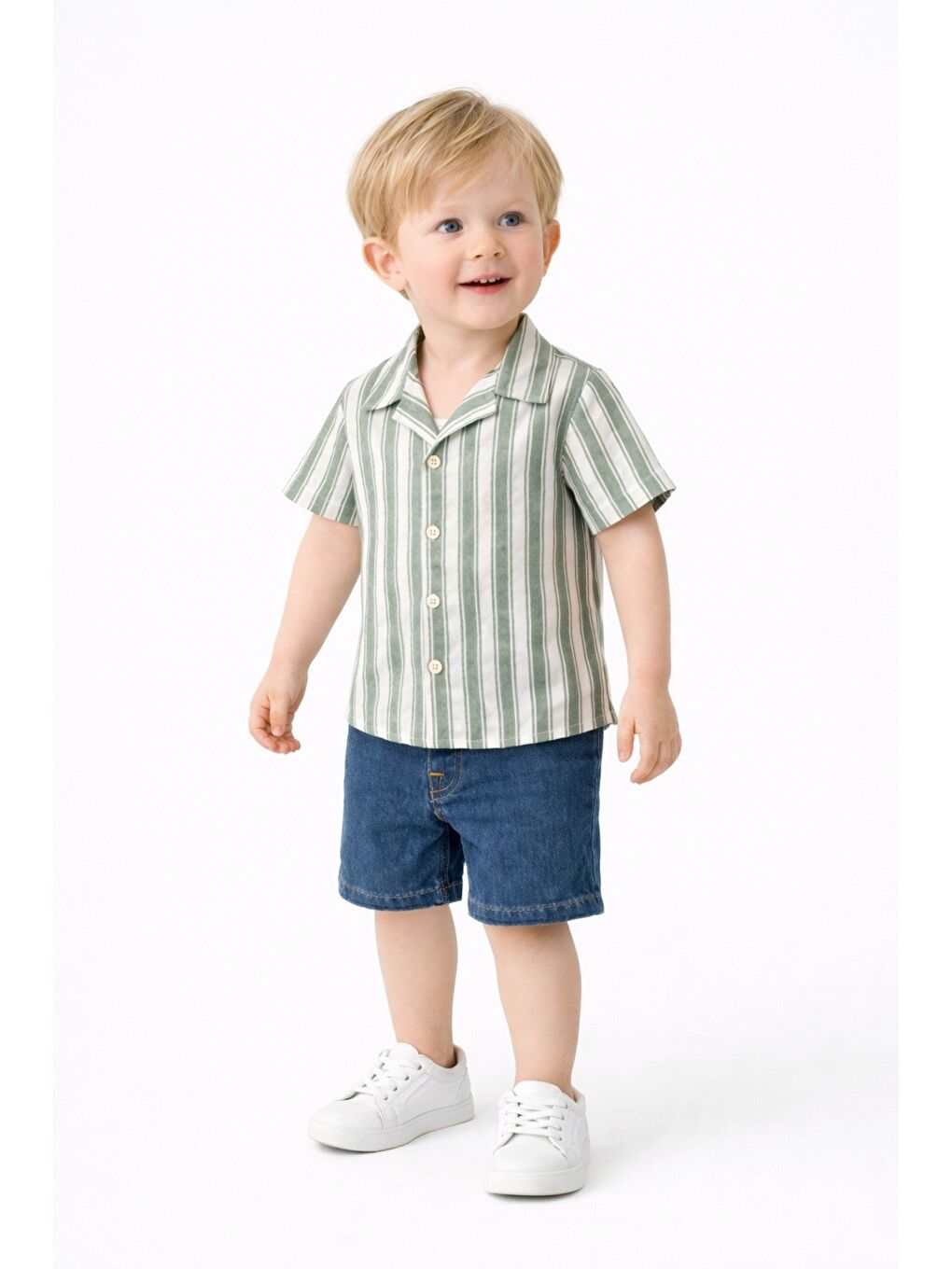 Yeşil Erkek Bebek Çizgili Gömlek Jean Şort Takım-2