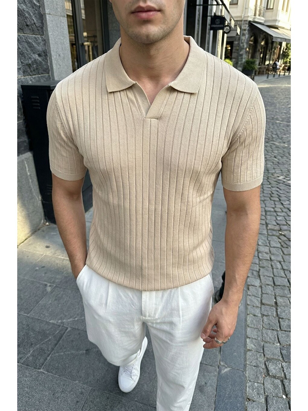 Bej Sion Regular Fit Erkek Kısa Kol Triko Polo Yaka Tişört-3