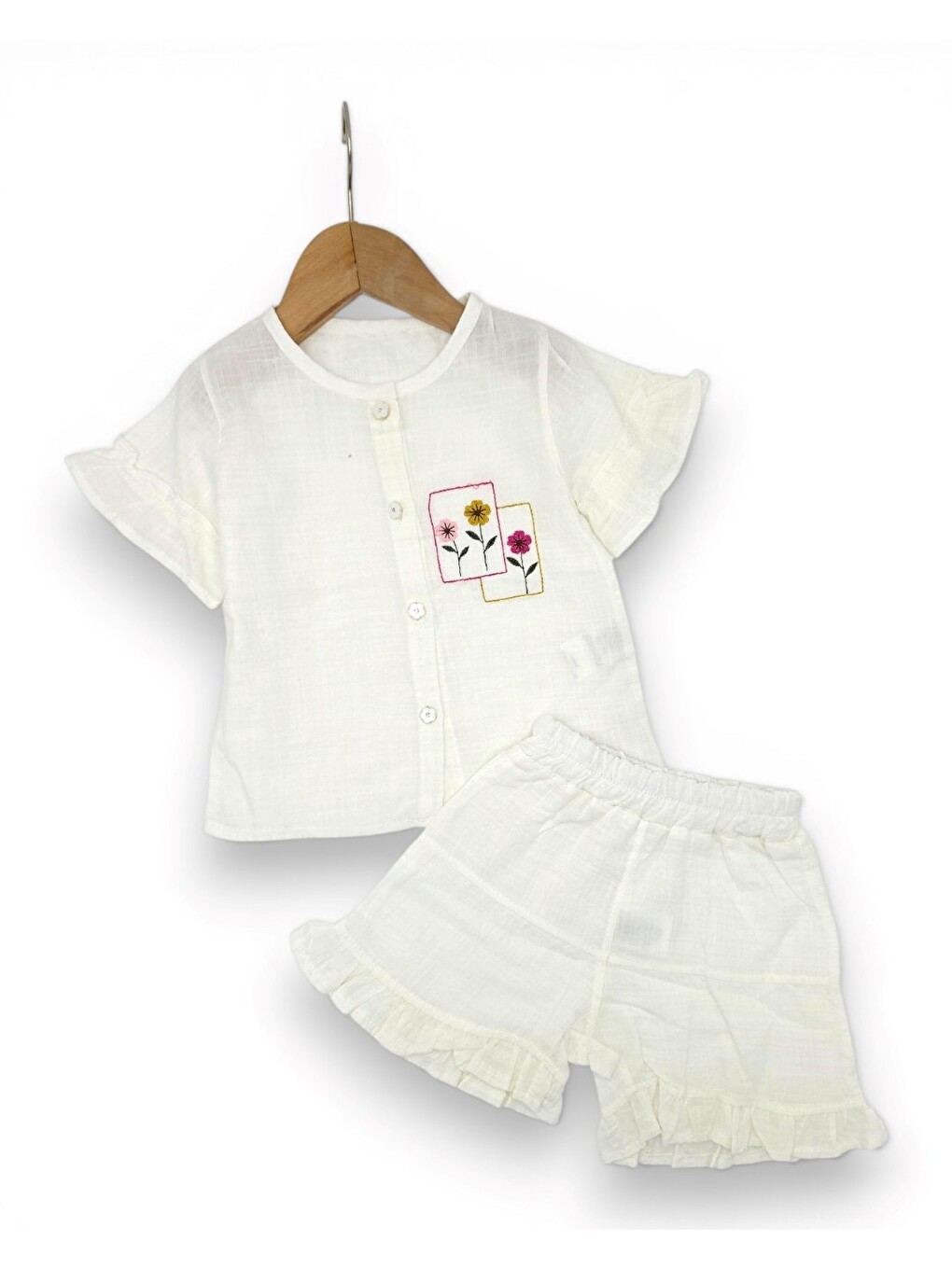 Ekru Kız Bebek Yazlık Müslin Çiçek Nakışlı Şortlu, Gömlekli 6-9-12-18-24 Aylık Bayramlık Bebek Takımı-2