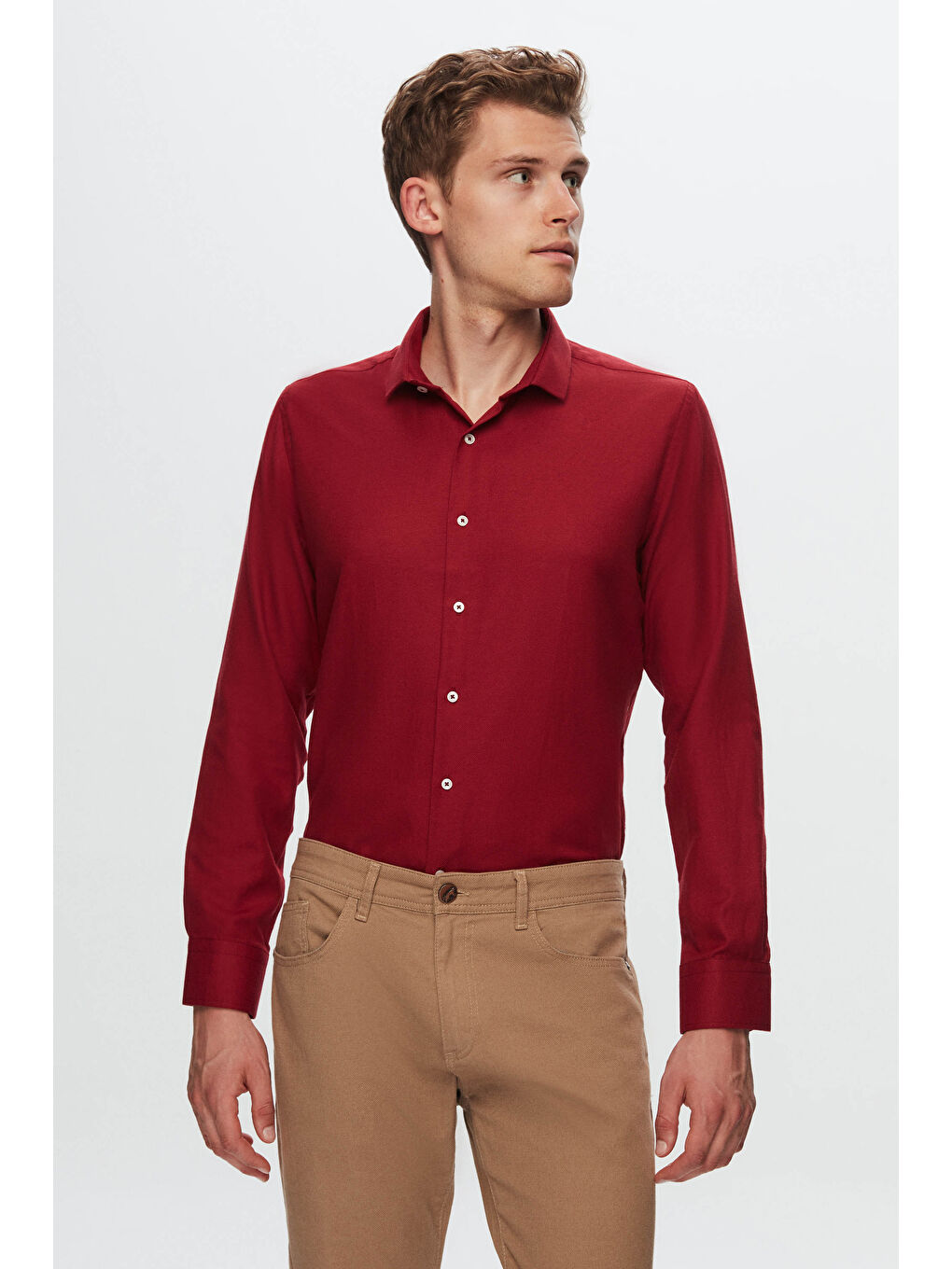Slim Fit Bordo Armürlü Yarım İtalyan Yaka Pamuklu Gömlek