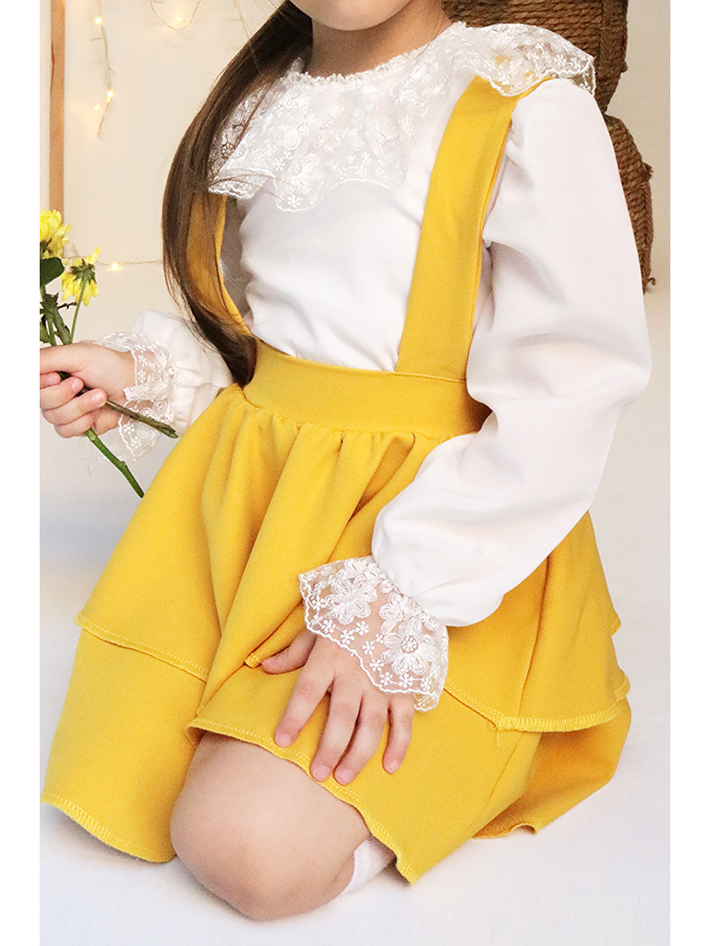 Kız Çocuk Helen Sarı Askılı Bağlama Jile 29 Ekim Elbise Ekru Dantel Uzun Kollu Bluz Abiye Takım-7