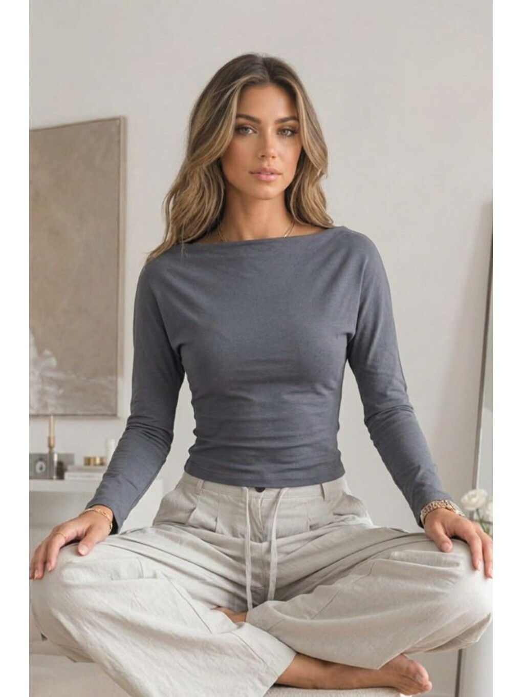 Gri Kadın Düşük Omuz Slim Örme Füme Bluz-3