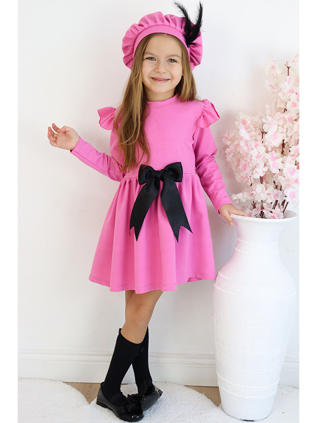 Kız Çocuk Pembe Sofia Pamuklu Fiyonk Detaylı Elbise Kep Abiye Takım-1