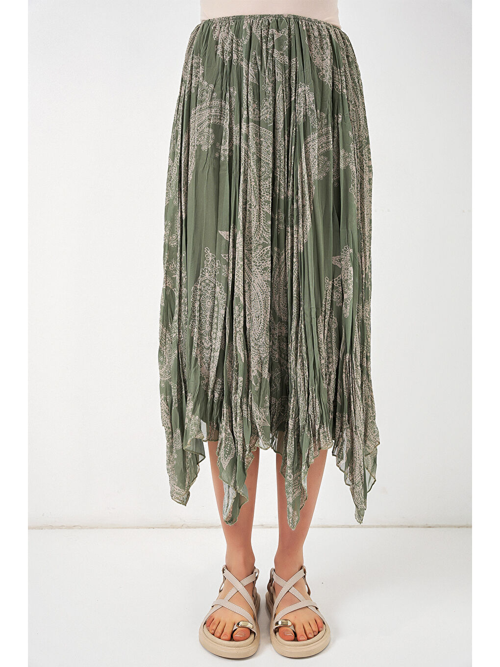 Yeşil Kadın Asimetrik Tül Şifon Etek 8061 - Çağla-1