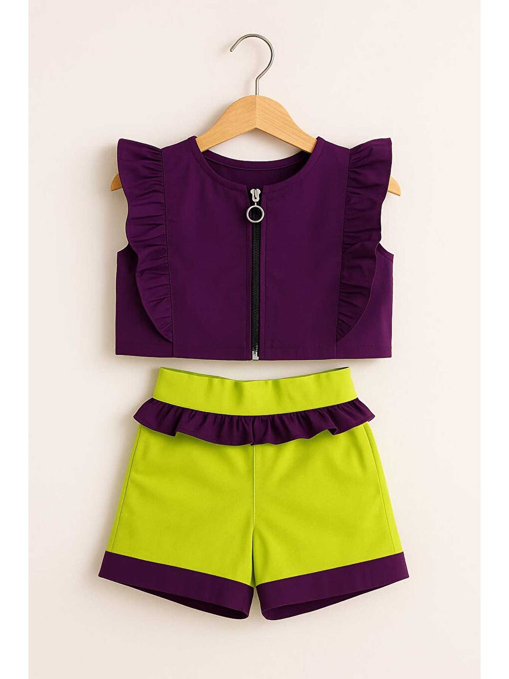 Mor Kız Çocuk Fermuar Ve Fırfır Detaylı Alt Üst Takım 9-12 Yaş 11926