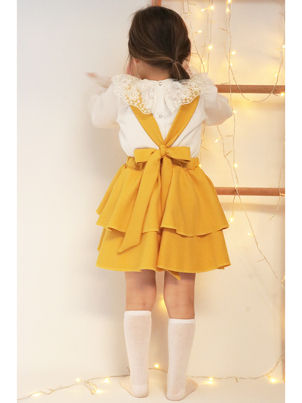 Kız Çocuk Helen Sarı Askılı Bağlama Jile 29 Ekim Elbise Ekru Dantel Uzun Kollu Bluz Abiye Takım-8