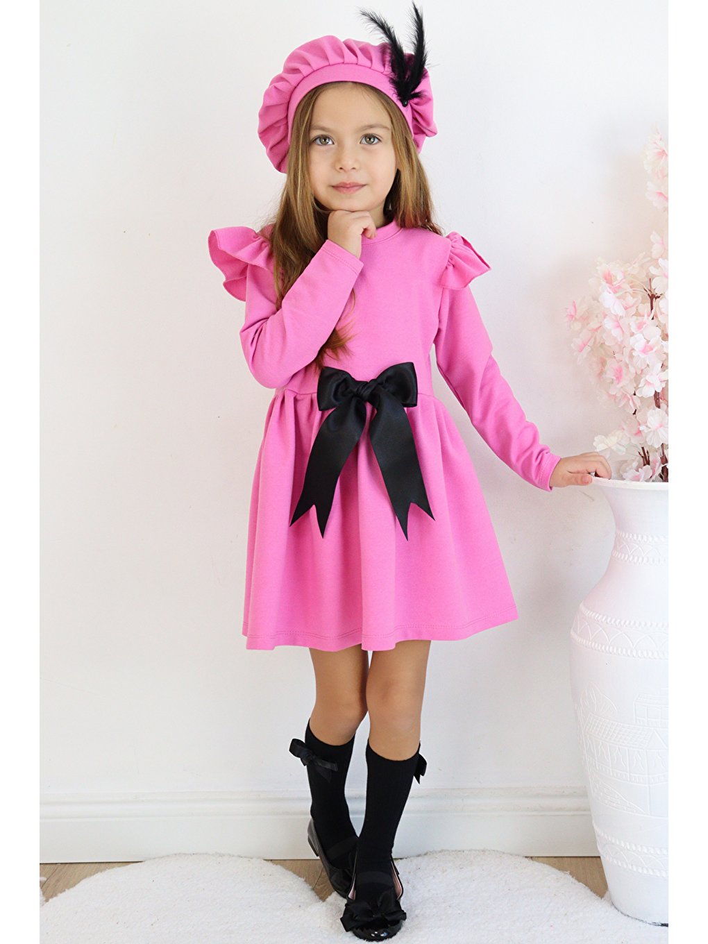 Kız Çocuk Pembe Sofia Pamuklu Fiyonk Detaylı Elbise Kep Abiye Takım-2