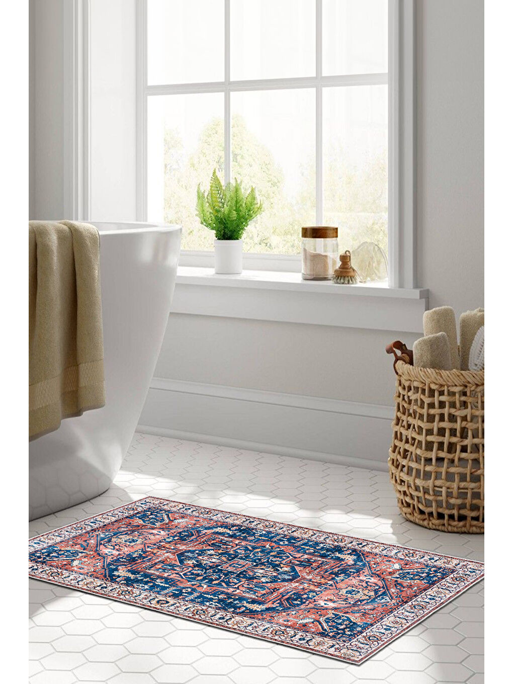 Mavi Dekoratif Özel Tasarım Yıkanabilir İnce Kaymaz Tabanlı Modern Halı KECE FR39-3