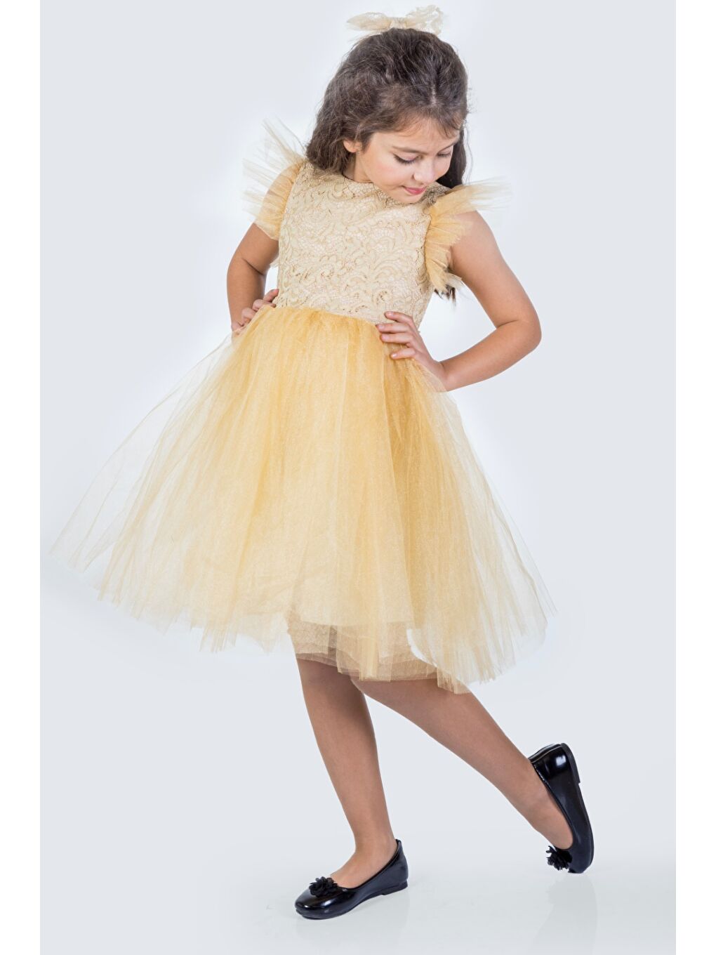 Bej Roza Dantel Tütü Kız Çocuk Abiye Elbise MNK0546-1