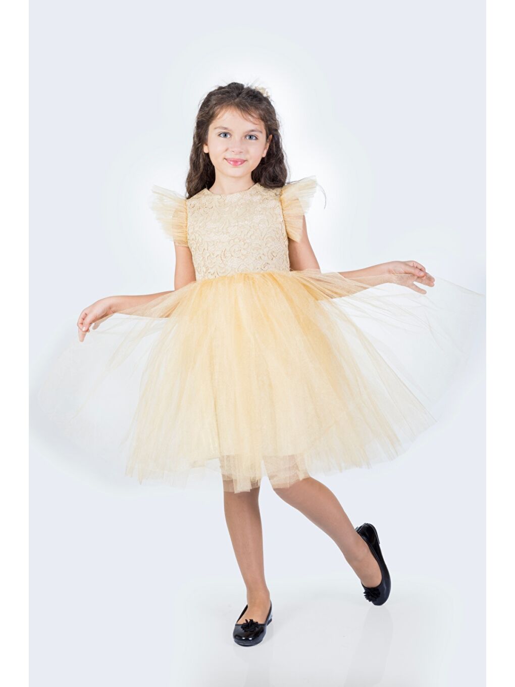 Bej Roza Dantel Tütü Kız Çocuk Abiye Elbise MNK0546-2