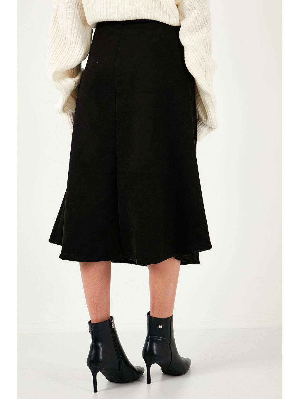 Siyah Streç Regular Fit Yüksek Bel Midi Boy Süet Çan Etek 5866180-6