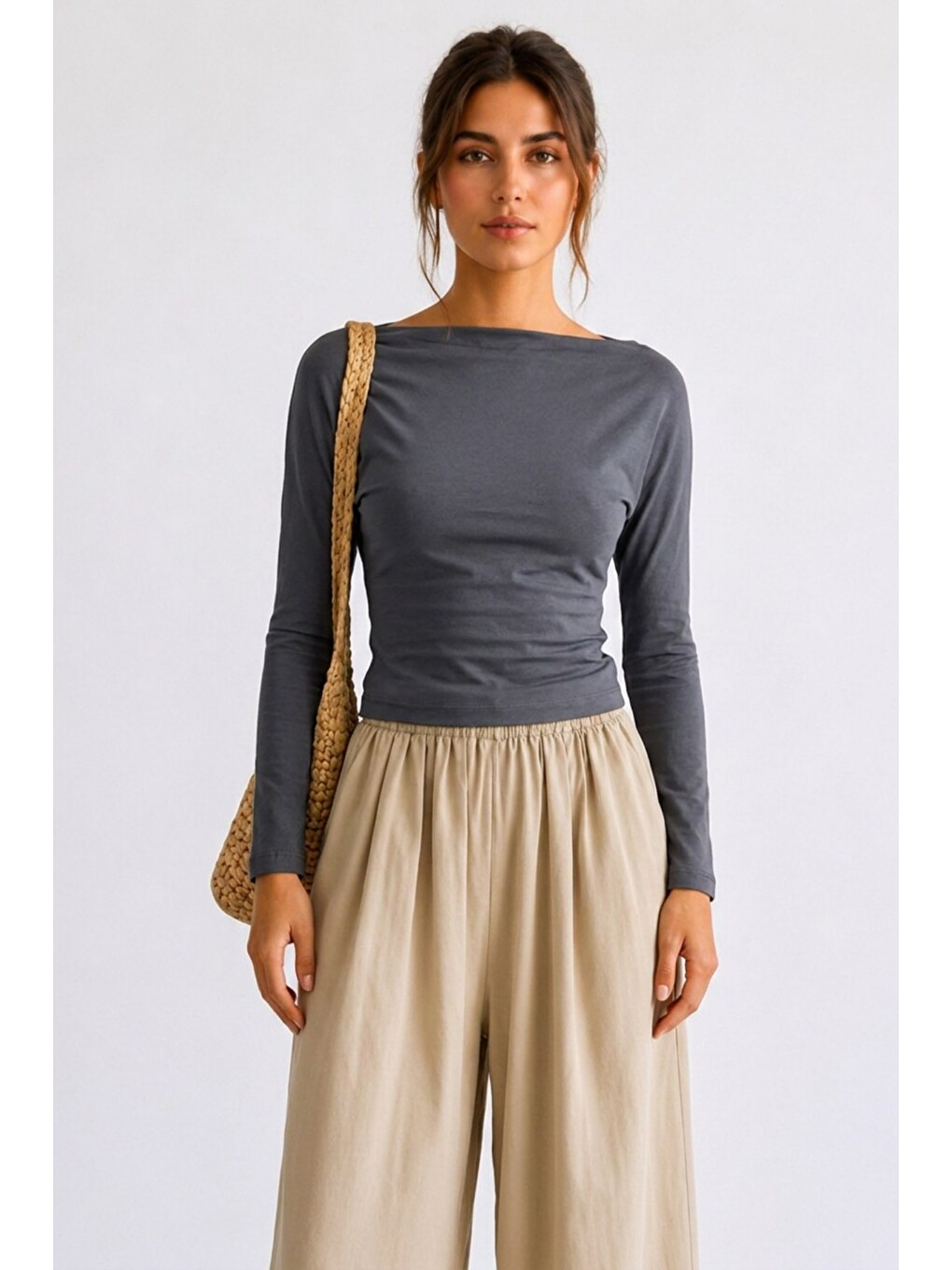 Gri Kadın Crop Bodycone Uzun Kollu Füme Bluz-1