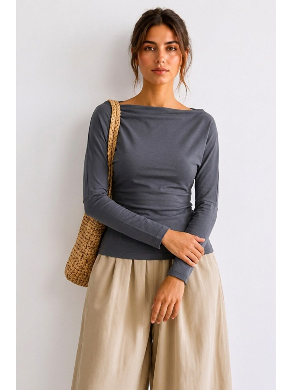 Gri Kadın Crop Bodycone Uzun Kollu Füme Bluz-3