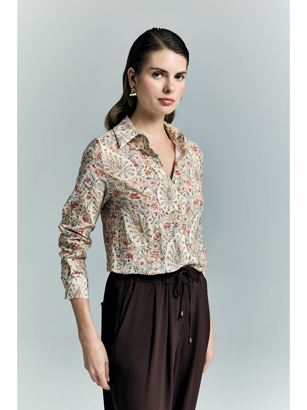 Şal Desen Kolu Katlamalı Gömlek - Pembe-2