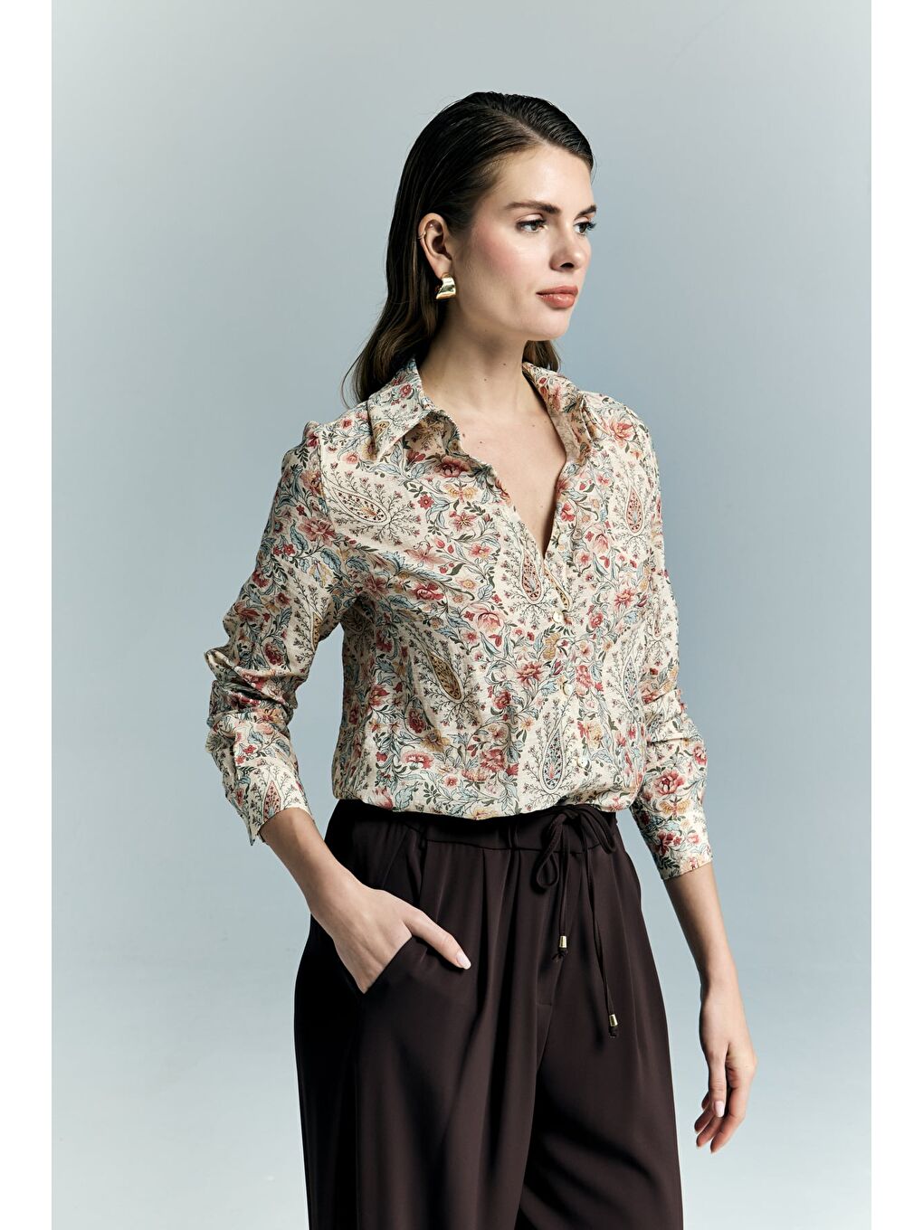 Şal Desen Kolu Katlamalı Gömlek - Pembe-3