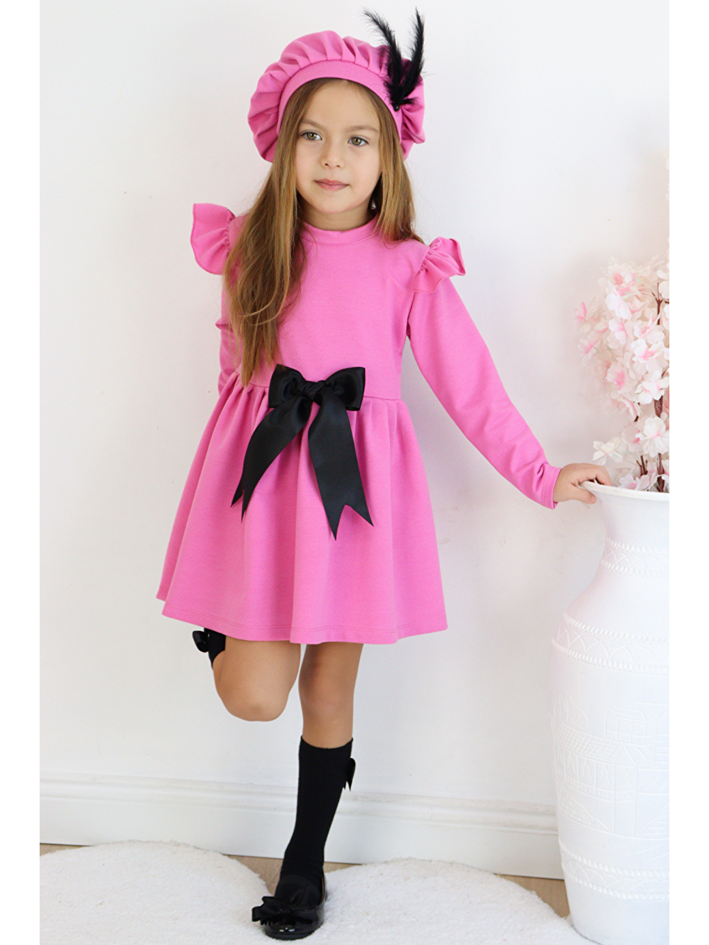 Kız Çocuk Pembe Sofia Pamuklu Fiyonk Detaylı Elbise Kep Abiye Takım-4