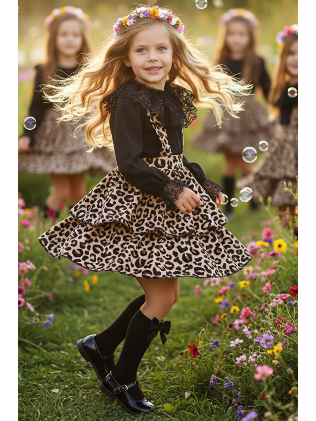 Karışık Kız Çocuk Helen Leopar Askılı Bağlama Jile 29 Ekim Elbise Dantel Detay Uzun Kollu Bluz Abiye Takım