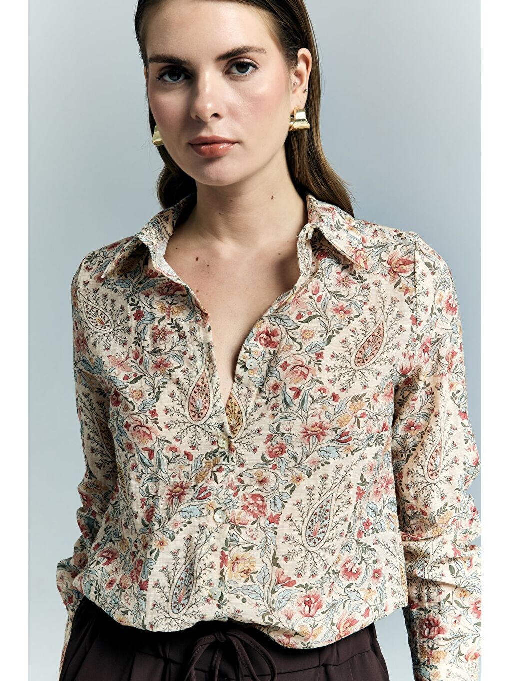 Şal Desen Kolu Katlamalı Gömlek - Pembe-4