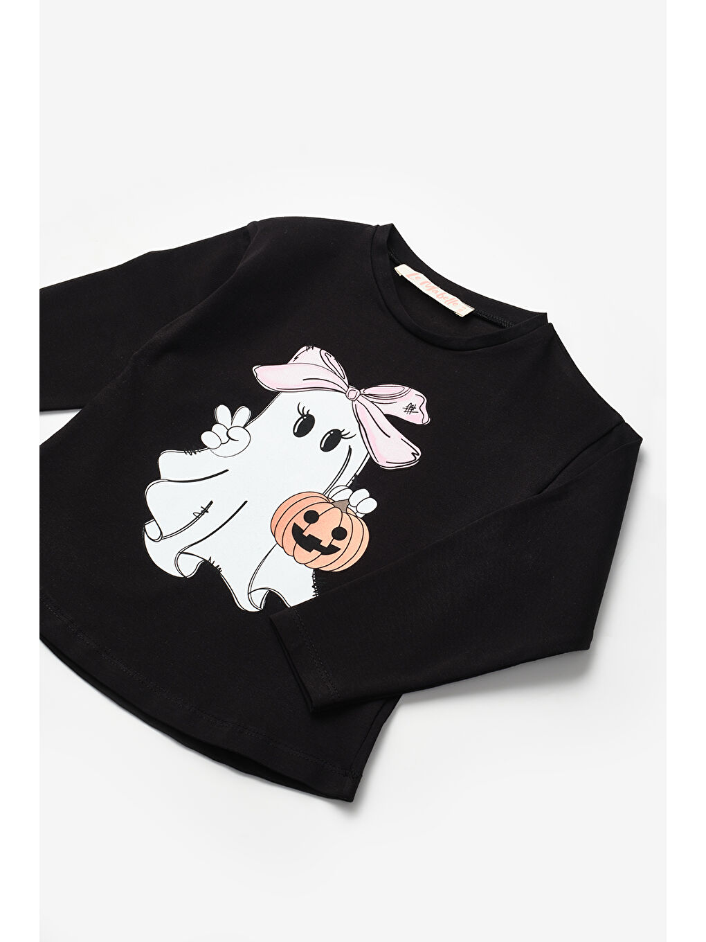 Siyah Sevimli Hayalet Baskılı Kız Çocuk Tişört-3