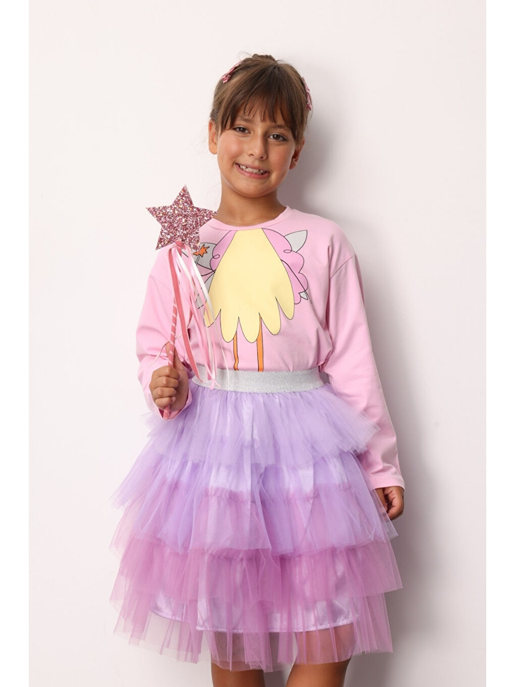 Pembe Peri Kızı Baskılı Kız Çocuk Tişört-1