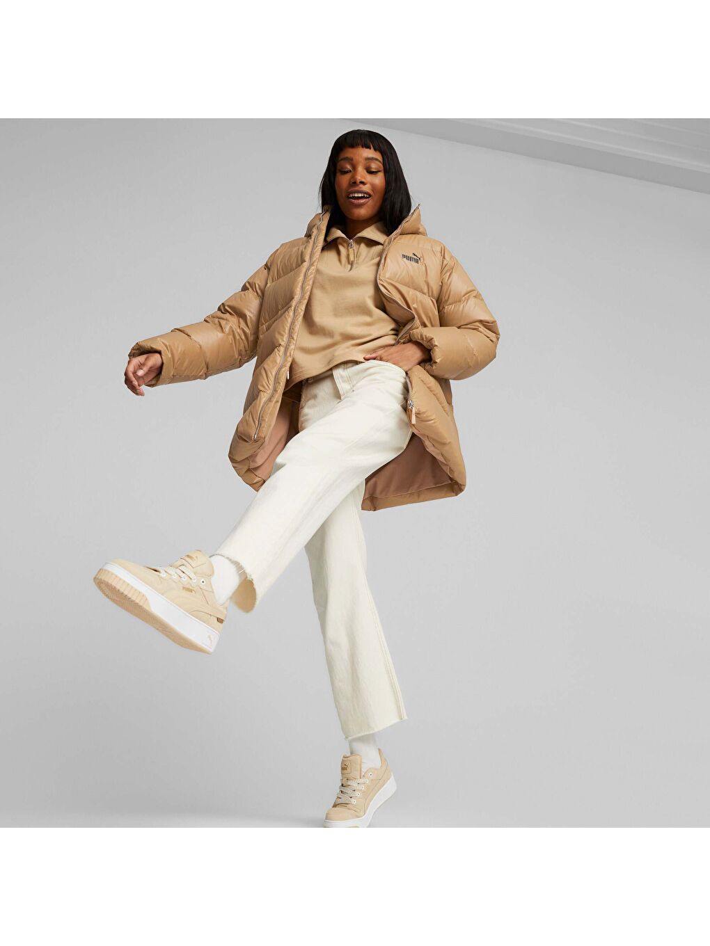 Ekru Kadın Style Kapüşonlu Kuş/Kaz Tüyü Mont