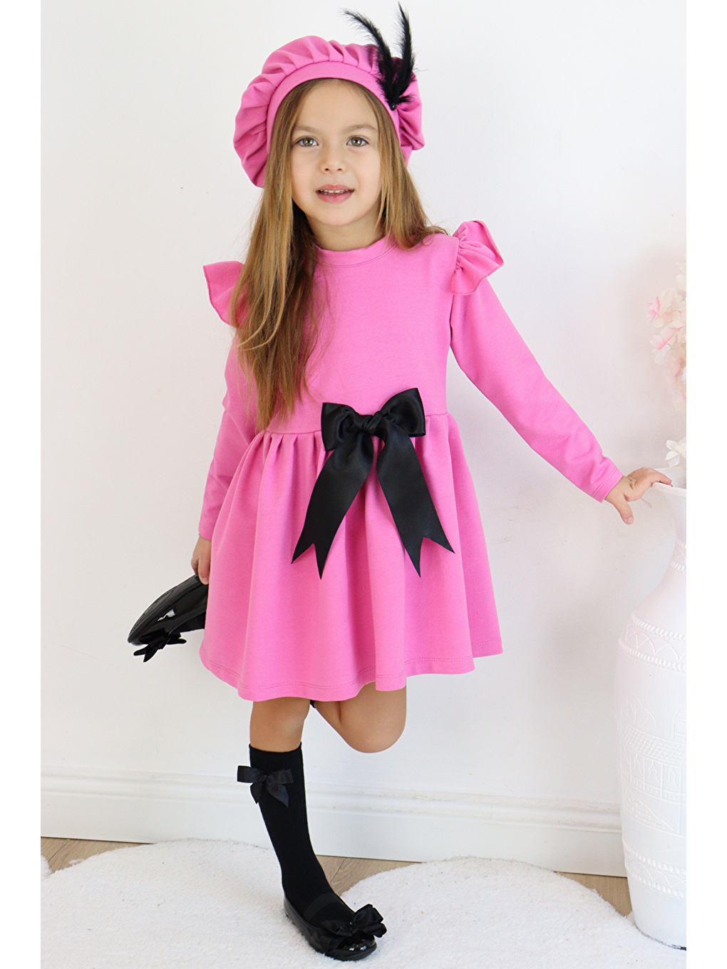 Kız Çocuk Pembe Sofia Pamuklu Fiyonk Detaylı Elbise Kep Abiye Takım-5
