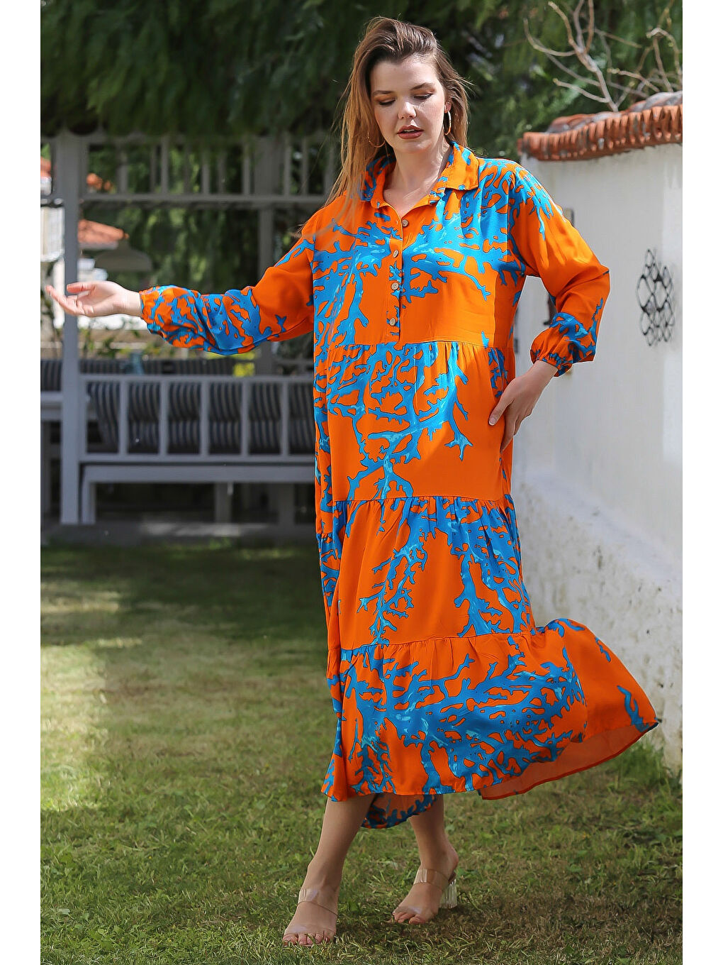 Turuncu-Mavi Gömlek Yaka Balon Kol Düğmeli Casual Viskon Dokuma Elbise 140 65-1