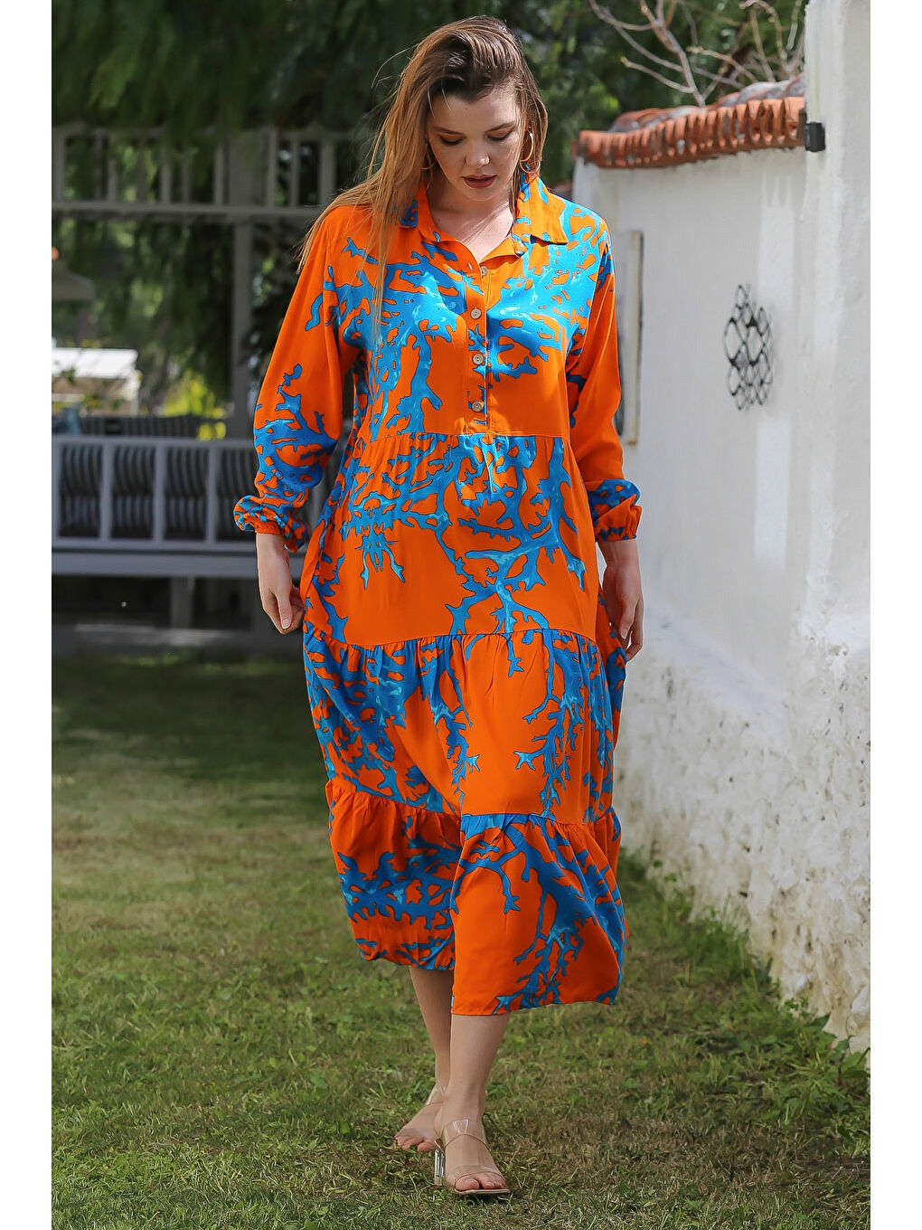 Turuncu-Mavi Gömlek Yaka Balon Kol Düğmeli Casual Viskon Dokuma Elbise 140 65-2