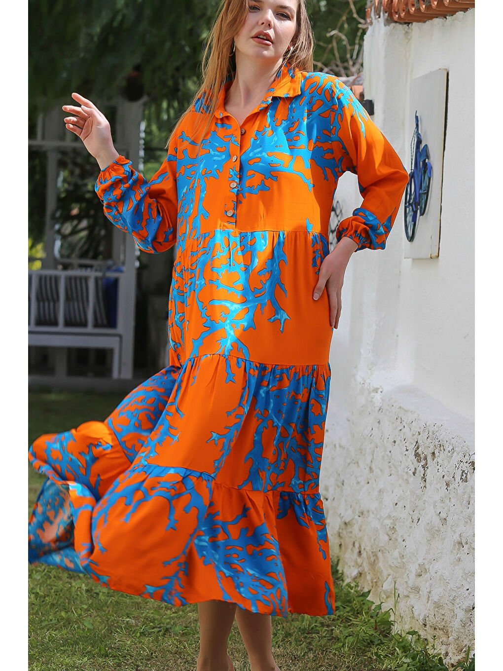 Turuncu-Mavi Gömlek Yaka Balon Kol Düğmeli Casual Viskon Dokuma Elbise 140 65-3